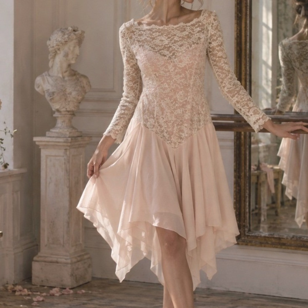 Vintage Midi Dress Lace Handkerchief Hem Peach Cream Formal Balletcore Wedding S